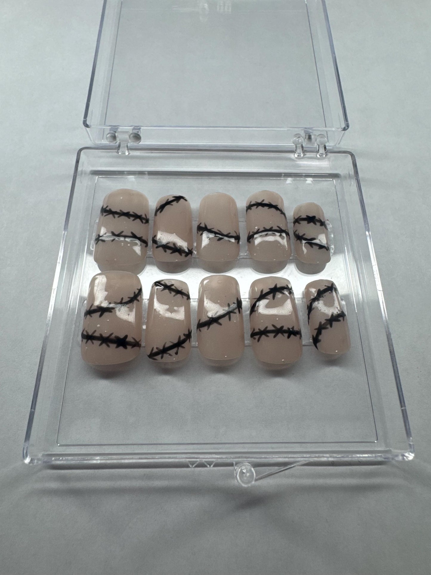 Barbed Wire Press On Nails | Nude Western Nail Set | Short Fake Nails | Hand Painted Country Tips | Custom Reusable Nail Art