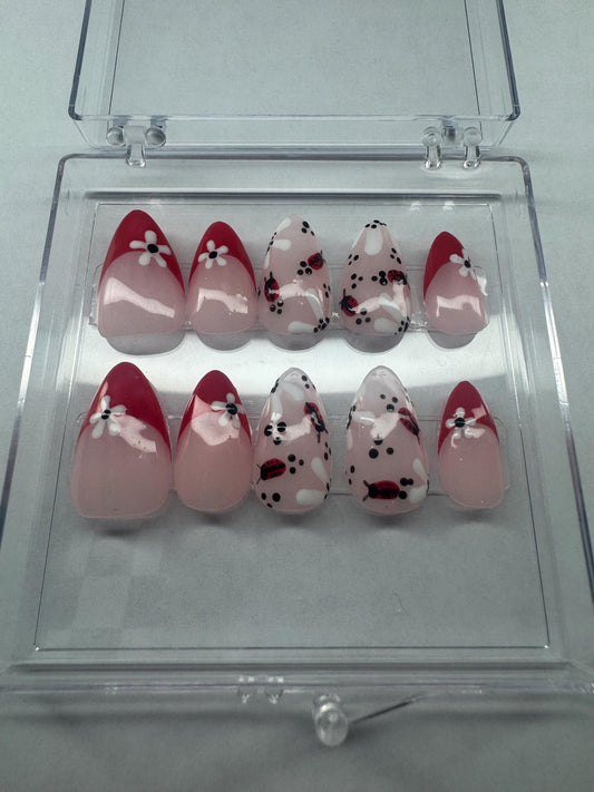 Ladybug Nail Art Tips | Red French Floral Press Ons | Custom Handmade Nail Set | Short Oval Fake Nails | Reusable Summer Nails