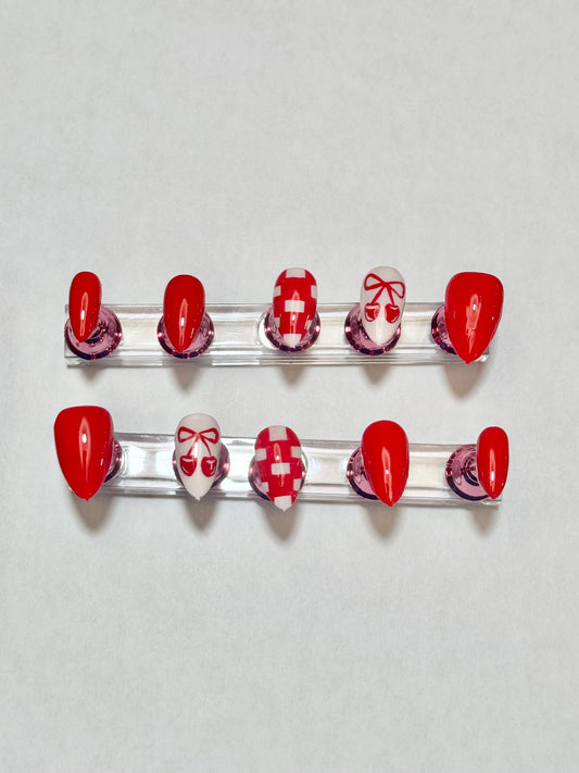 Red and White Cherry Press-On Nails – Hand Painted, Made to Order, Custom Shape & Length