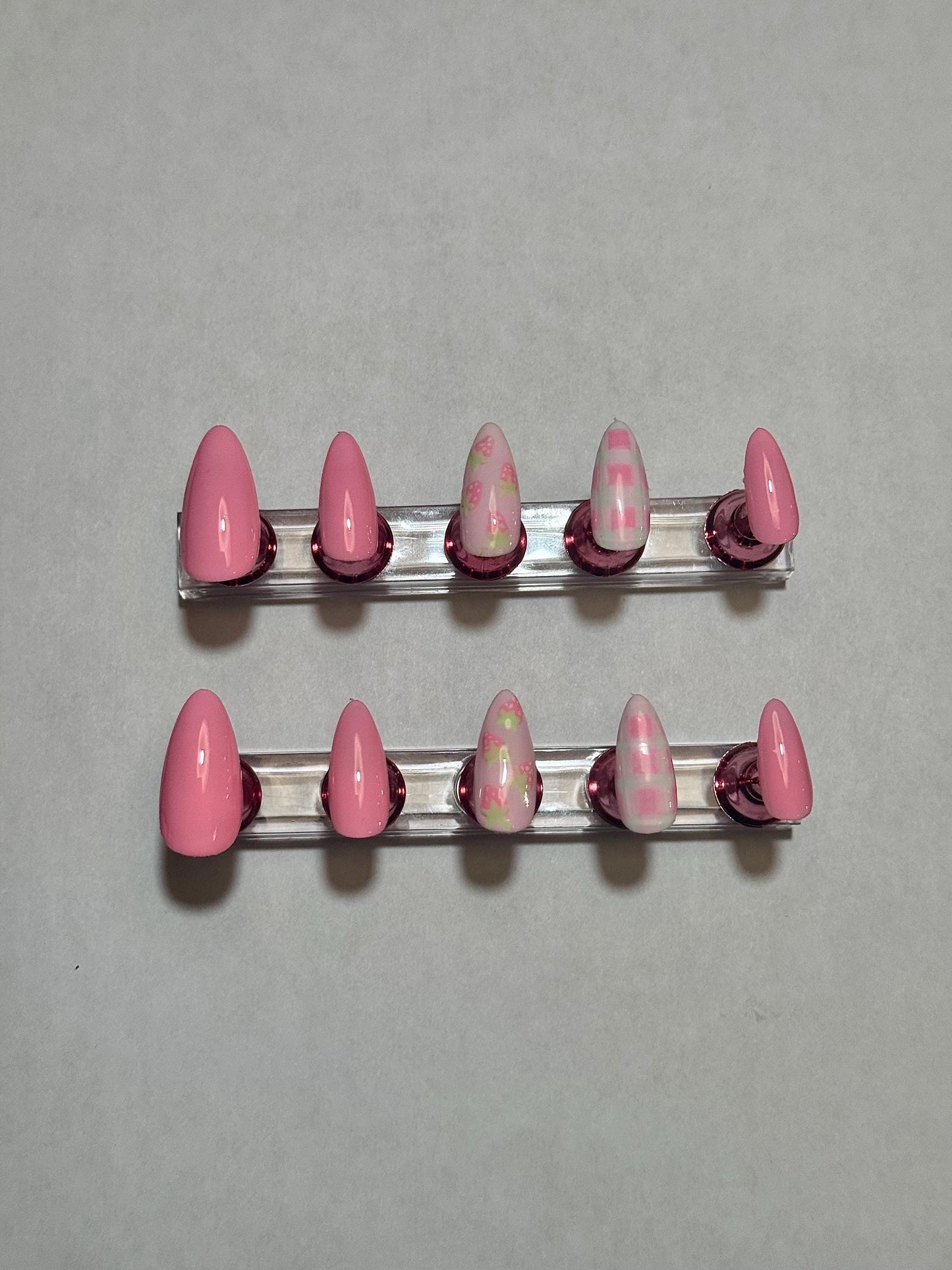 Strawberry Gingham Press-On Nails – Hand-Painted, Customizable Pink Soft Gel Nail Set