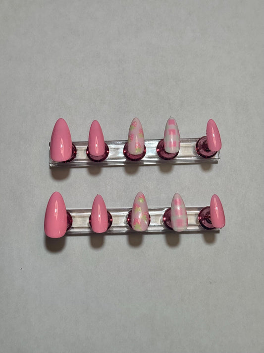 Strawberry Gingham Press-On Nails – Hand-Painted, Customizable Pink Soft Gel Nail Set
