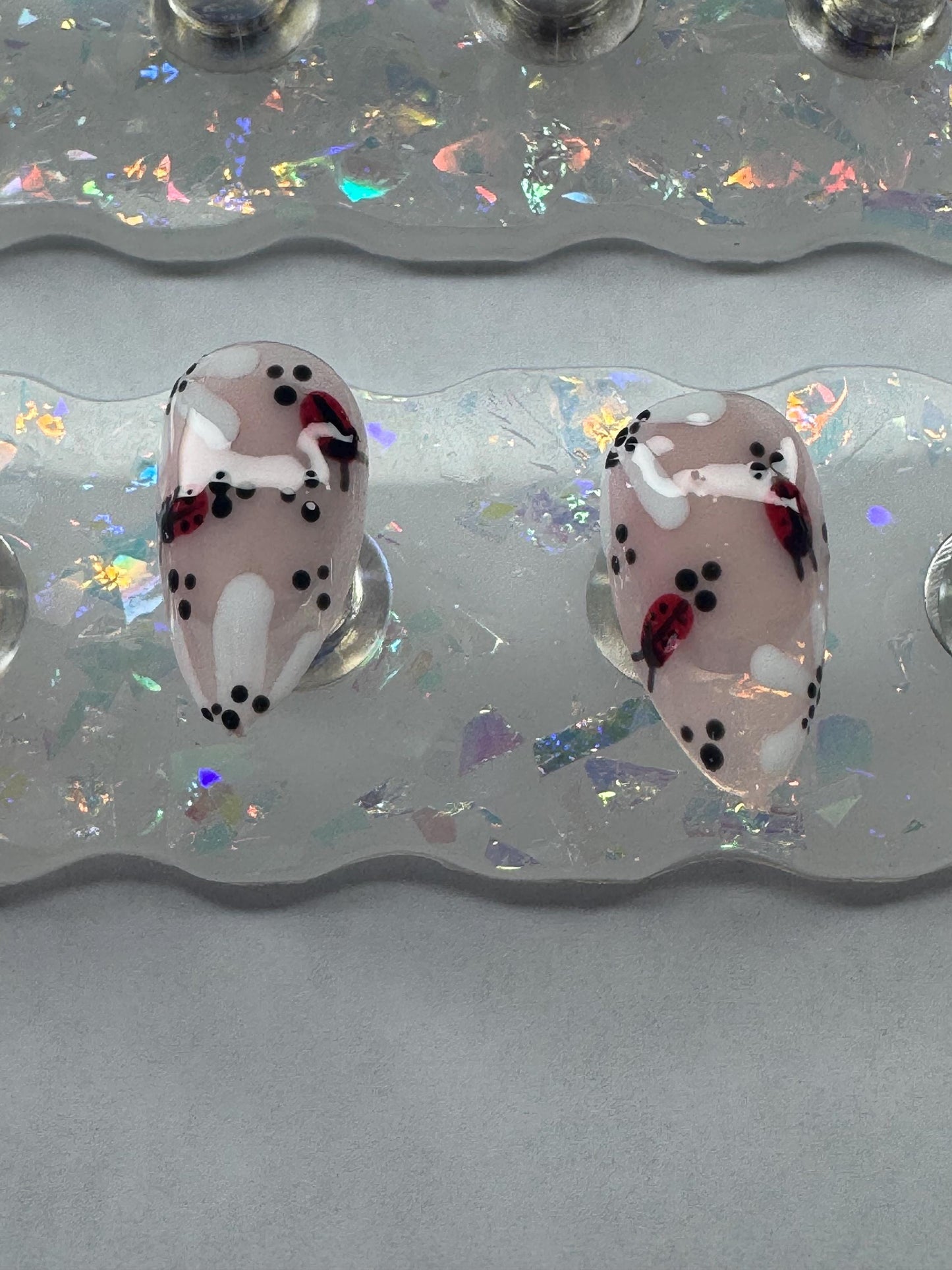 Ladybug Nail Art Tips | Red French Floral Press Ons | Custom Handmade Nail Set | Short Oval Fake Nails | Reusable Summer Nails