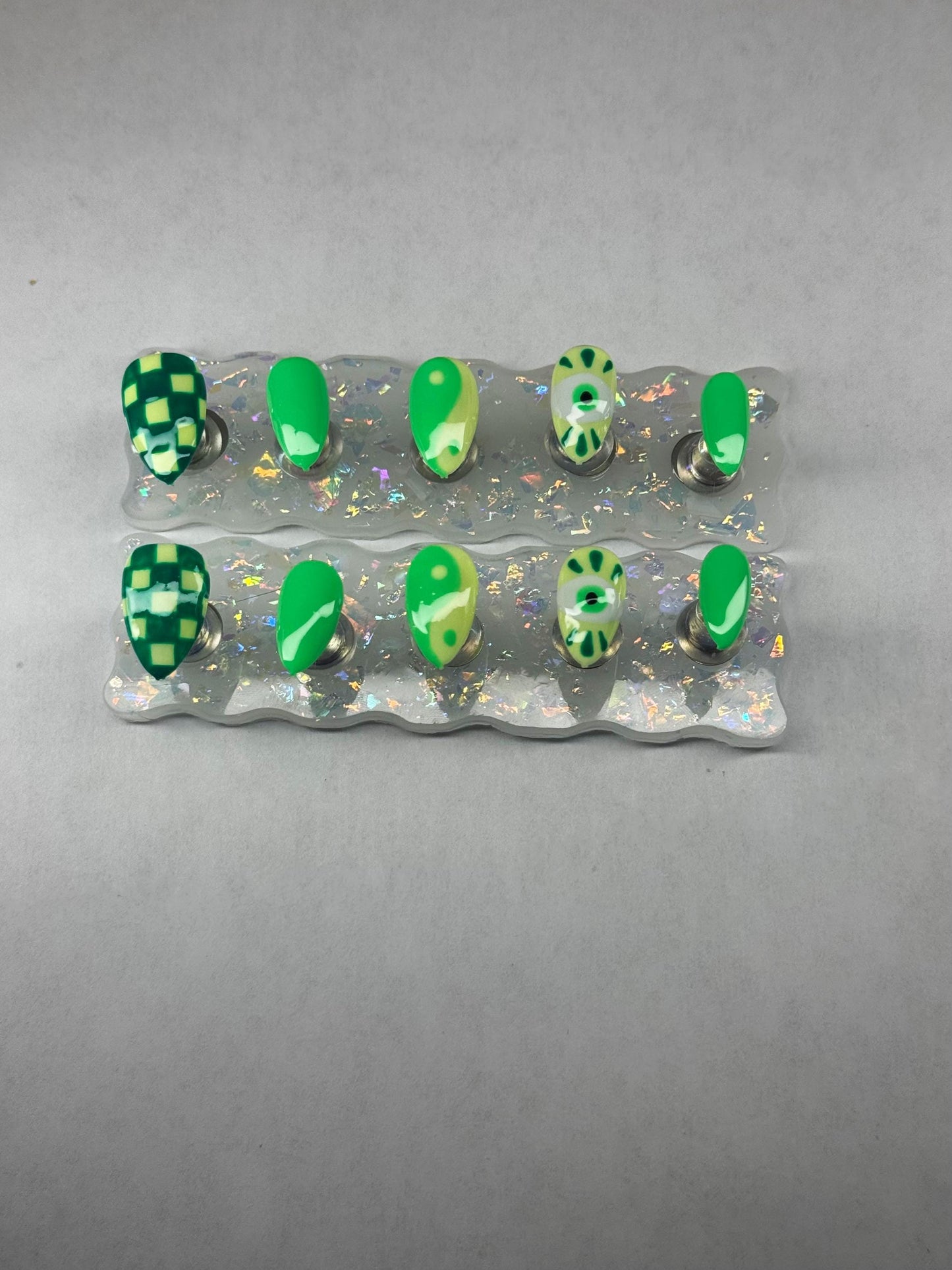 Green Mismatched Press On Nails | Spring Pattern Nail Set | Abstract Custom Nails | Checkerboard Design | Handmade Reusable Nails