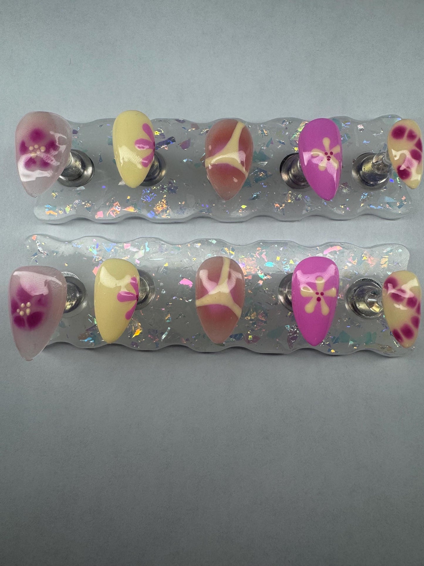 Blooming Gel Fake Nails | Pink Yellow Nail Art Set | Short Press On Nails | Hand Painted Nails | Glossy Reusable Press Ons