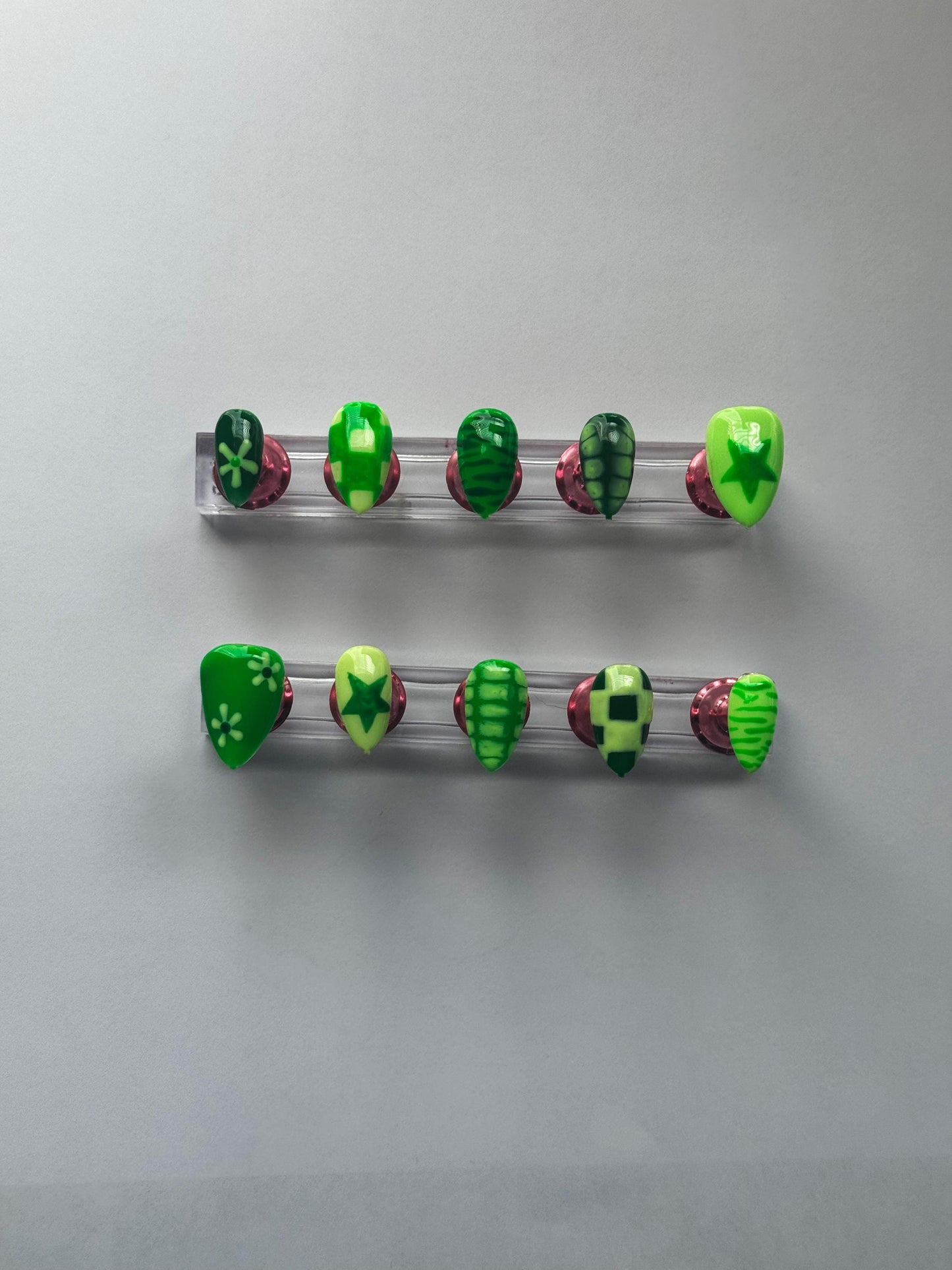 Green Mismatched Press On Nails | Blooming Gel Nail Art | Floral Star Nail Set | Custom Handmade Nails | Reusable Bold Nails