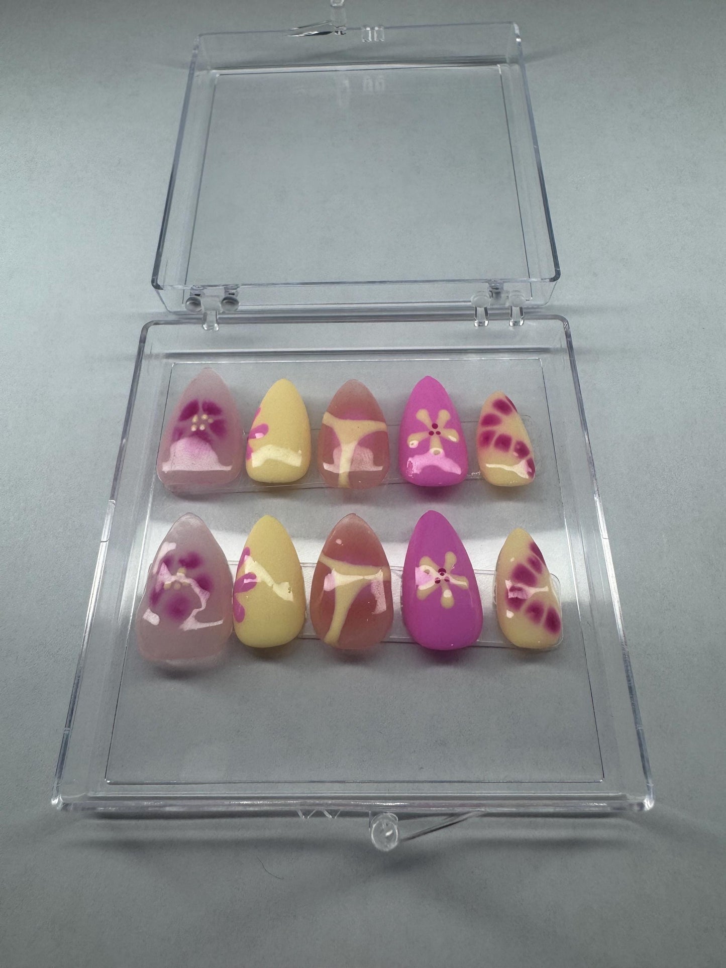 Blooming Gel Fake Nails | Pink Yellow Nail Art Set | Short Press On Nails | Hand Painted Nails | Glossy Reusable Press Ons