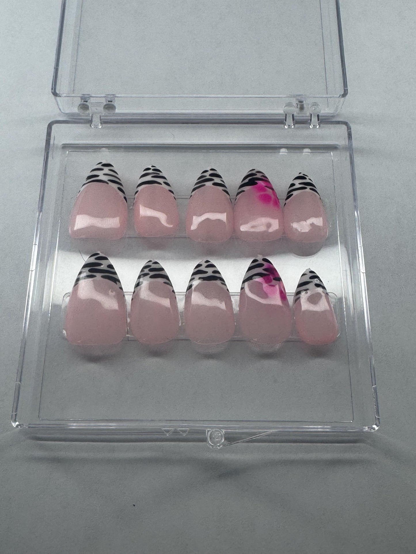 Zebra French Tip Nails | Black White Press On Nails | Pink Accent Nail Art | Almond Custom Nail Set | Animal Print Nails